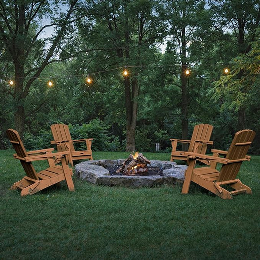 Folding Adirondack Chair, HDPE All-Weather Fire Pit Chairs, Plastic Adirondack Chairs with 2 Cup Holder, Outdoor Lawn Chair for Patio Garden (Teak)