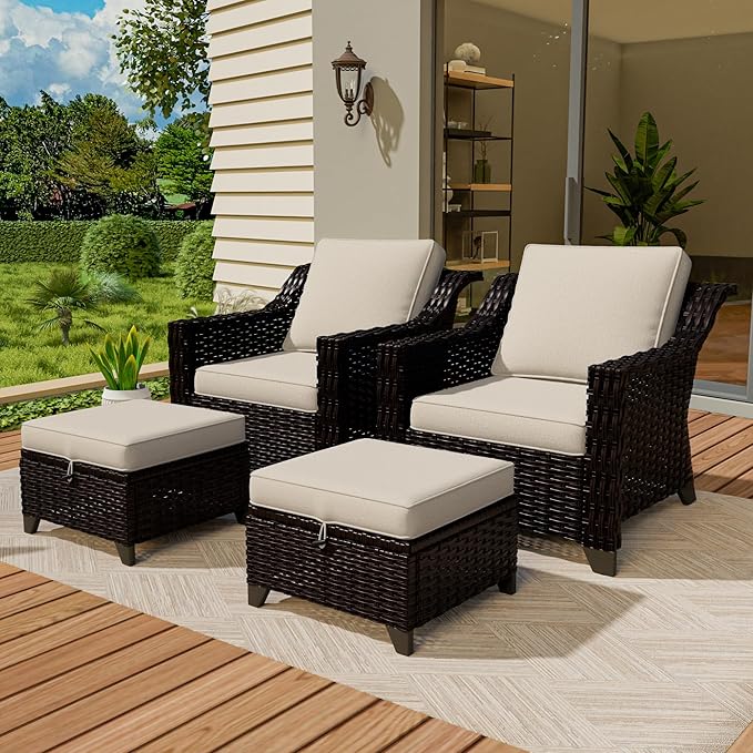 VistaVibe 4 Pieces Outdoor Patio Conversation Furniture Set - 2 Luxurious Armchairs | 2 Wicker Ottomans, Removable Cushions, Hand-Woven PE Rattan, Office, Porch (Brown/Beige)