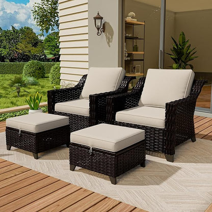 VistaVibe 4 Pieces Outdoor Patio Conversation Furniture Set - 2 Luxurious Armchairs | 2 Wicker Ottomans, Removable Cushions, Hand-Woven PE Rattan, Office, Porch (Brown/Beige)