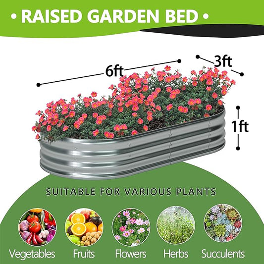 Foxlang 6x3x1ft(2 Pack) Galvanized Oval Raised Garden Bed,Outdoor Planter Box Metal Patio Kit Planting Bed for Vegetables Flowers Herb,Silver