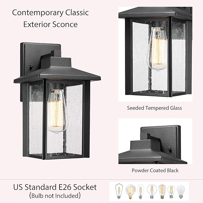 Bestshared Outdoor Wall Lights, Outside Sconce Light, Exterior Lighting Fixture, Outdoor Wall Lantern, Black Porch Lamp with Seeded Glass for Entryway, Garage (Black, 14.9" H)
