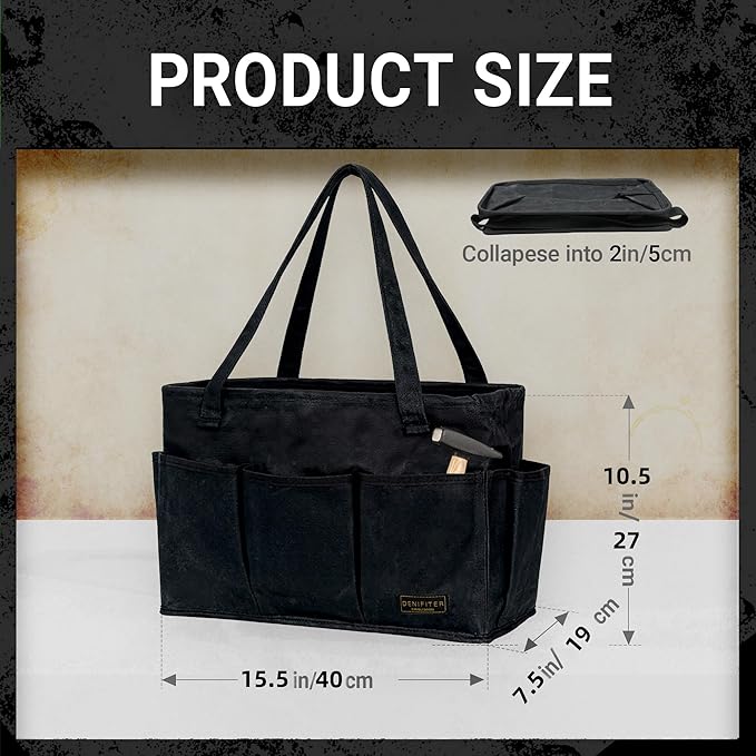 Heavy-Duty 16 oz. Waxed Canvas Tool Bag with 9 Pockets – Foldable Open-Top Design Featuring Dual Carry Handles, 15.5"x7.5"x10.5"