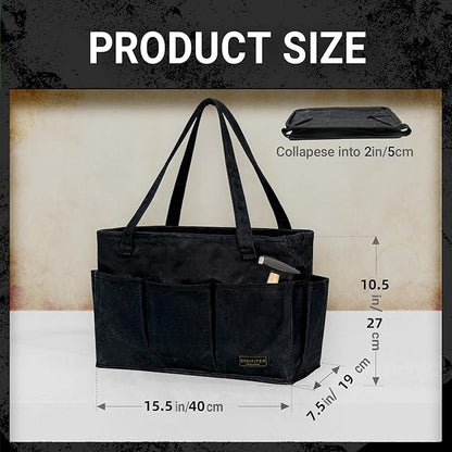 Heavy-Duty 16 oz. Waxed Canvas Tool Bag with 9 Pockets – Foldable Open-Top Design Featuring Dual Carry Handles, 15.5"x7.5"x10.5"