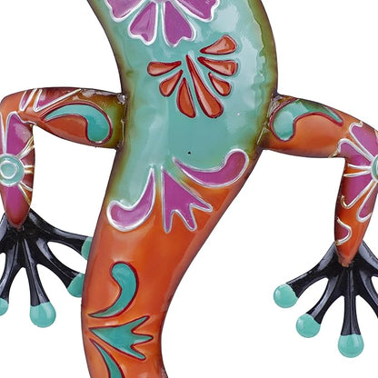 Deco 79 Metal Lizard Home Wall Decor Indoor Outdoor Floral Patterned Wall Sculpture with Teal and Pink Accents, Wall Art 18" x 3" x 33", Orange