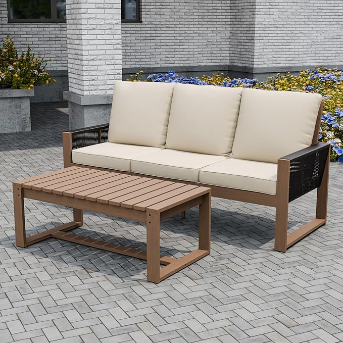 Rustic Hideaway Natural Cedar Wood Outdoor Furniture Set, Wicker Patio Conversation Set for Porch Garden Backyard, Couch and Coffee Table, 2 Piece, Brownish/Beige