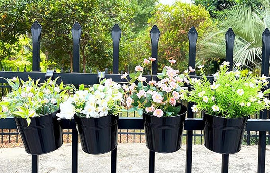 6 Pcs Black Railing Planter, 6 Inch Metal Hanging Planters for Outside Balcony Rails Fence with Detachable Hooks, Flower Pots Outside for Garden Patio (Black, Pack of 6)