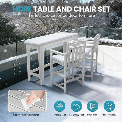 Ciokea Heavy-Duty Outdoor Bar Set, Rectangle High Top Table and 2 Oversized Adirondack Chairs Set, HDPE Modern Patio Bar Set for Outside Bistro Backyard Balcony Deck Outside, White