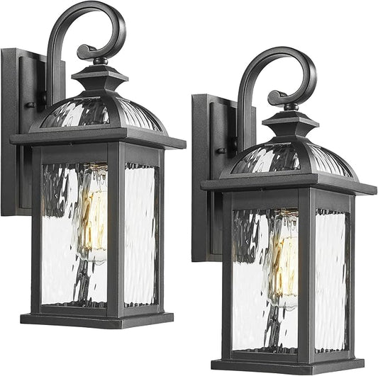 Darkaway Outdoor Lights Fixture Wall Mount, Exterior Wall Light with Water Ripple Glass Waterproof Black Outside Wall Sconce for House Porch Hallway Garage
