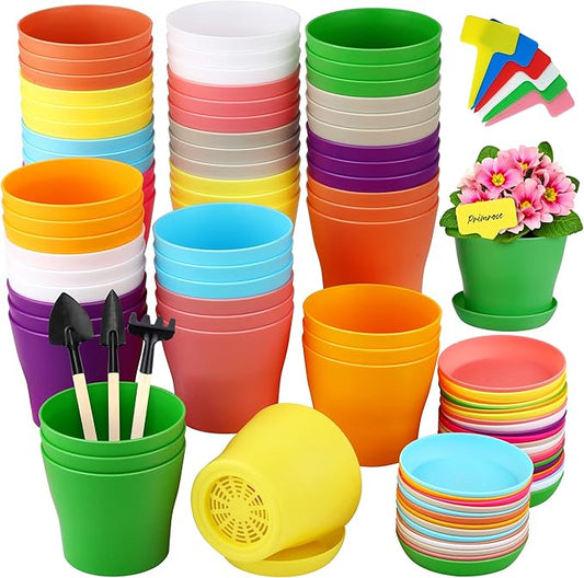 60 Pieces Plastic Planters 4 Inch Flower Pot with Trays Labels Multicolor Flower Plant Pots Plants Nursery Pots Flower Seedling Nursery Pots for Indoor Outdoor Plant, Herb, Succulent, 10 Color