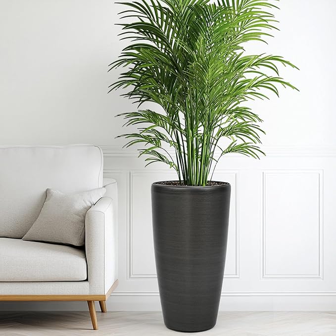 22.8" Large Planters Pot Set of 2 Flower Pots Tall Pots for Plants with Modern Handmade Brushed Metal Finish, Weather-Resistant for Indoor, Outdoor, Deck and Porch, Black