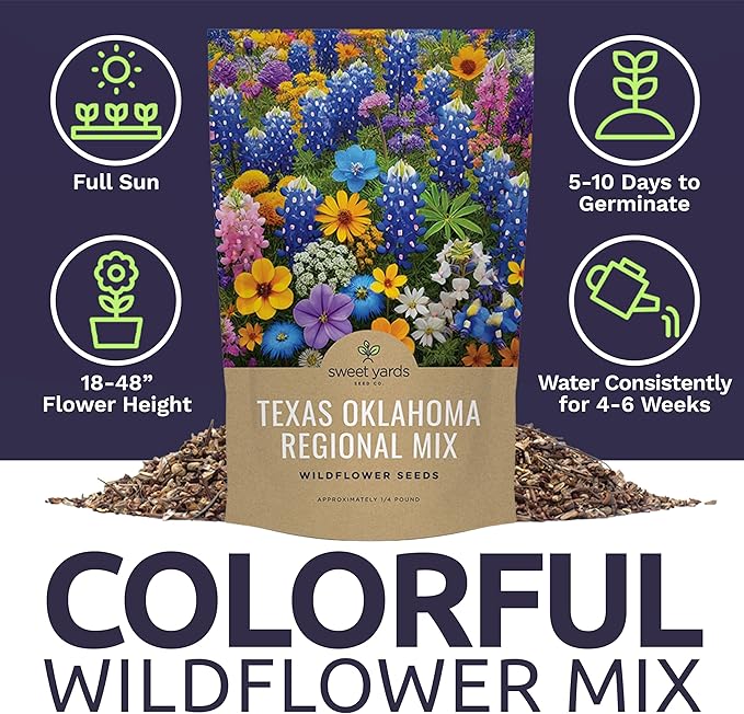 Texas Oklahoma Wildflower Seeds Mixture - Bulk 1/4 Pound Bag - Over 60,000 Native Seeds - Open Pollinated and Non GMO