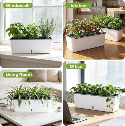 2 Pack Rectangular Planter 17 x 4.5 in Self Watering Planter Window Sill Planters Indoor Rectangle Planter Self Watering Pots Plastic Plant pots with Drainage Holes White Flower Pot Indoor