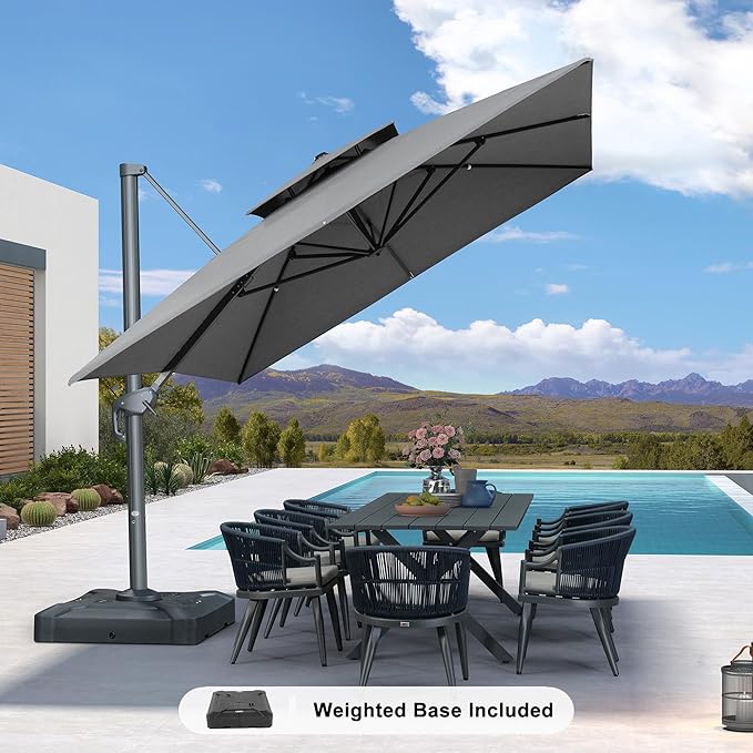 PURPLE LEAF Cantilever Patio Umbrella Outdoor Aluminum Offset Square Umbrella Windproof Heavy Duty Hanging Outside Umbrella for Deck Pool Garden