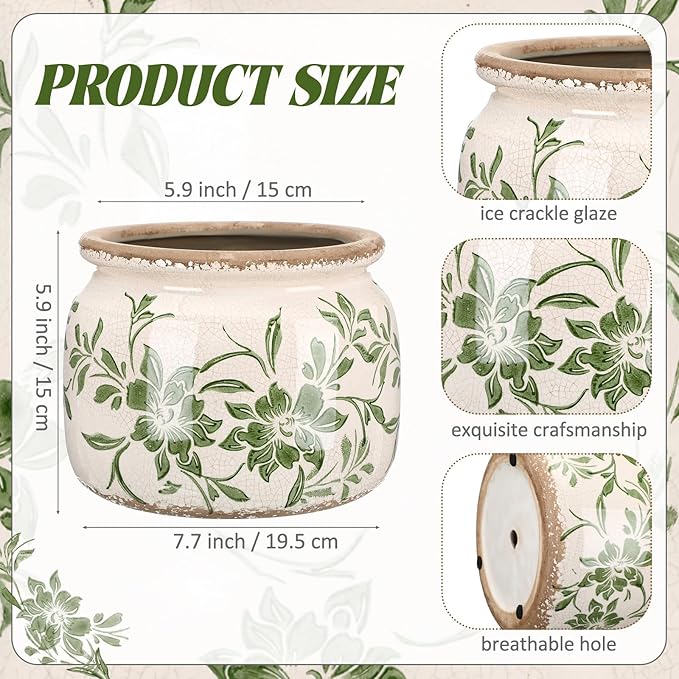 7.7" Large Vintage Ceramic Plant Pot Beige Green Farmhouse Peony Crackle Glaze Rustic Flowers Planter Pot with Drainage for Indoor Outdoor Plants Kitchen Office Shelf Home Decor Gift