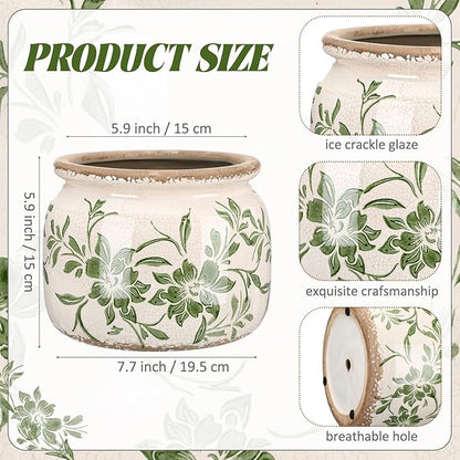 7.7" Large Vintage Ceramic Plant Pot Beige Green Farmhouse Peony Crackle Glaze Rustic Flowers Planter Pot with Drainage for Indoor Outdoor Plants Kitchen Office Shelf Home Decor Gift