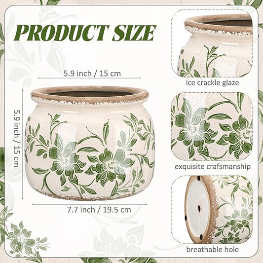 7.7" Large Vintage Ceramic Plant Pot Beige Green Farmhouse Peony Crackle Glaze Rustic Flowers Planter Pot with Drainage for Indoor Outdoor Plants Kitchen Office Shelf Home Decor Gift