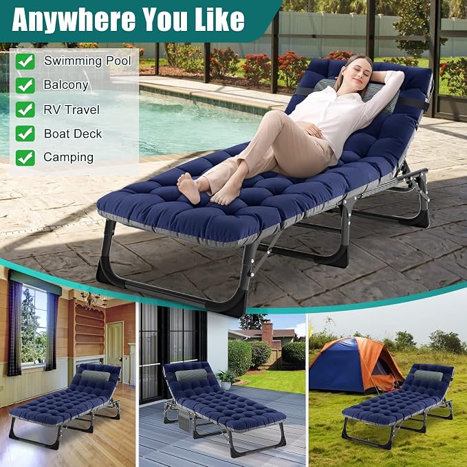 DoCred Folding Lounge Chair, 5 Position Adjustable Folding Sleeping Bed Cot Chaise Lounge Chairs Perfect for Sunbathing, Camping, Pool, Beach, Patio