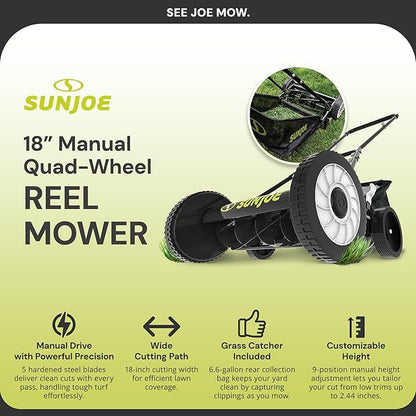 Sun Joe MJ501M w/ 7-Gallon Detachable Grass Catcher, 9-Position Height Adjustment, 5 Steel Blades, Compact Design, 18-Inch Manual, Green/Black