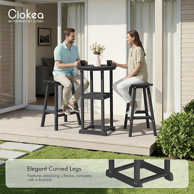 Ciokea Balcony Table and Stools 3 Pieces Set, Outdoor High Top Bar Set, HDPE 29" Bar Stools Set of 2 and Round Table for Outside Dining Bistro Poolside Backyard, Black