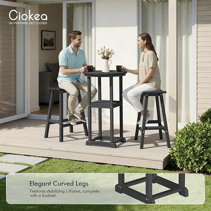 Ciokea Balcony Table and Stools 3 Pieces Set, Outdoor High Top Bar Set, HDPE 29" Bar Stools Set of 2 and Round Table for Outside Dining Bistro Poolside Backyard, Black