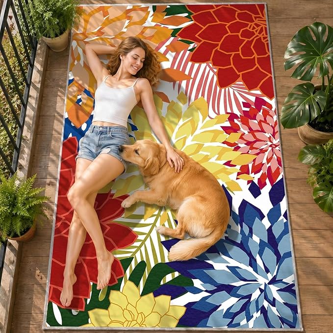ZonLi Outdoor Rug 9x12Ft Waterproof Multicolored Indoor Area Rug Washable Outdoor Patio Rugs Tropical Floral Non Slip Outdoor Carpet for Living Room, Pool,Backyard,Deck,Camping.
