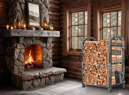 AMAGABELI GARDEN & HOME Firewood Rack Indoor with Tools 5-Piece Fireplace Tools Set Wood Holder Wrought Iron Log Holder Firewood Storage Rack for Fireplace,Fire Pit,Wood Stove Antique Silver