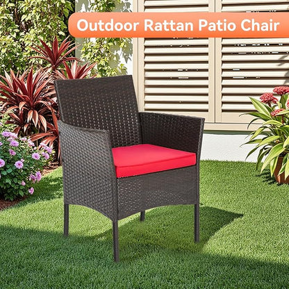 FDW Patio Furniture Set PE Rattan Patio Set Wicker Outdoor Furniture Bistro Set for Outdoor Indoor Use with Loveseats Coffee Table, Red Cushions, 4 Pieces