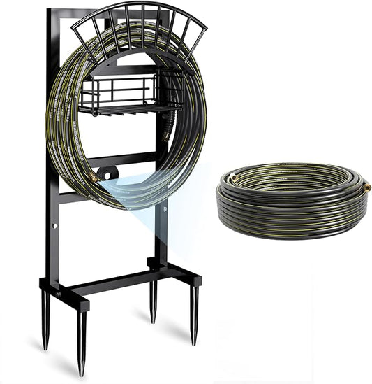 Heavy Duty Garden Hose Holder include 45ft Rubber Hose 5/8" | 4 Spike Freestanding, 2 Middle Bars for Enhance Stability, Anti-Rust Outdoor, Brass Fitting, Tidy Organizer