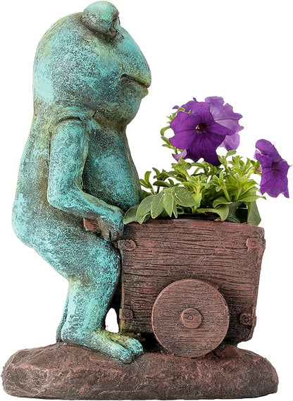 Alpine Corporation ZEN716 Outdoor Frog Pushing Wagon Planter, Garden Statue Decoration, 15" Tall, Green