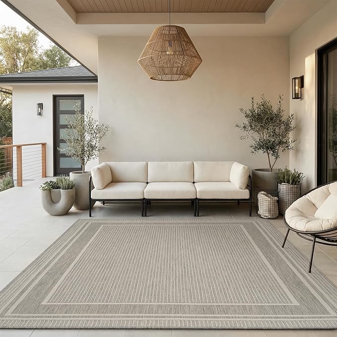 MontVoo-Outdoor Rug-Patio Rug 8x10 ft Polypropylene Indoor Outdoor Rugs Outdoor Carpet for Patio Deck Balcony Porch, Textured Weave, Durable for High Traffic, Fade-Resistant, Modern Silver Grey