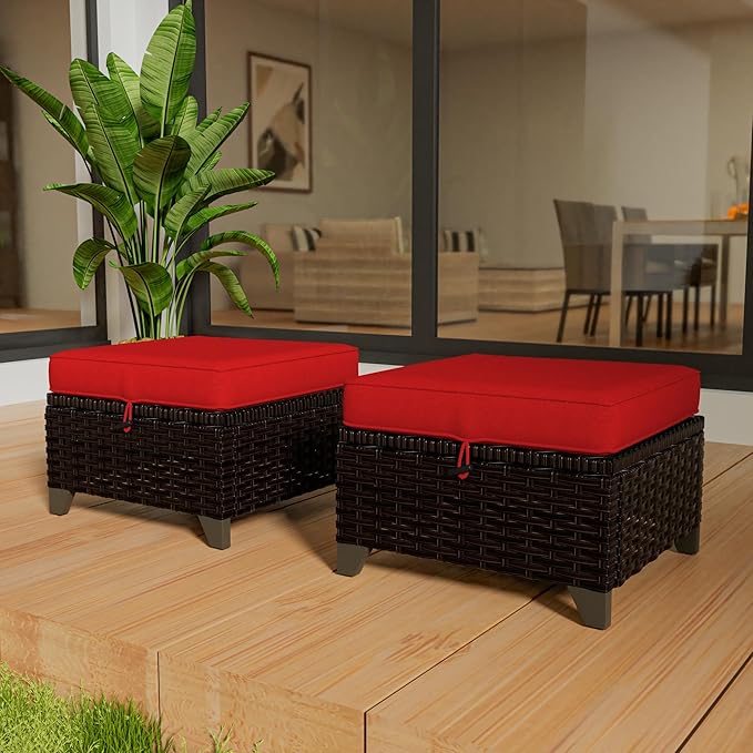 VistaVibe 2 Pieces Patio Wicker Ottomans, Luxurious Footstools, Outdoor Small Footrest, Wicker Furniture with Removable Cushions,All-Weather PE Rattan, Garden, Backyard, Porch(Brown/Red)