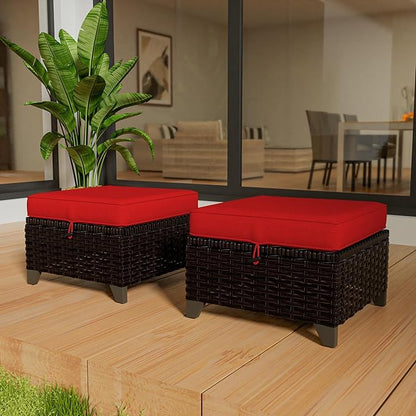 VistaVibe 2 Pieces Patio Wicker Ottomans, Luxurious Footstools, Outdoor Small Footrest, Wicker Furniture with Removable Cushions,All-Weather PE Rattan, Garden, Backyard, Porch(Brown/Red)