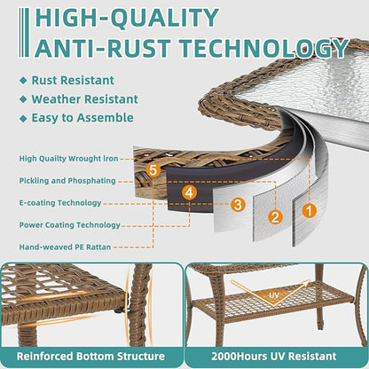 MEETWARM Wicker Patio Coffee Table, 34.5" Rectangle Outdoor Coffee Table with Tempered Glass Top and 2-Tier Storage Shelf, All-Weather Rattan Patio Side Table for Outside Poolside Deck Garden, Brown