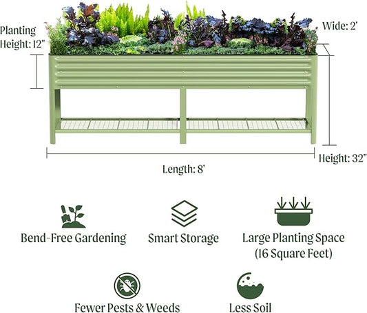 Elevated Raised Garden Bed-V Series, 2' x 8' Garden Beds with Legs & Storage Rack for Patio Porch, 1400 Lbs Weight Capacity, Outdoor Planter Boxes for Gardening Herbs Vegetables Flowers, Olive Green