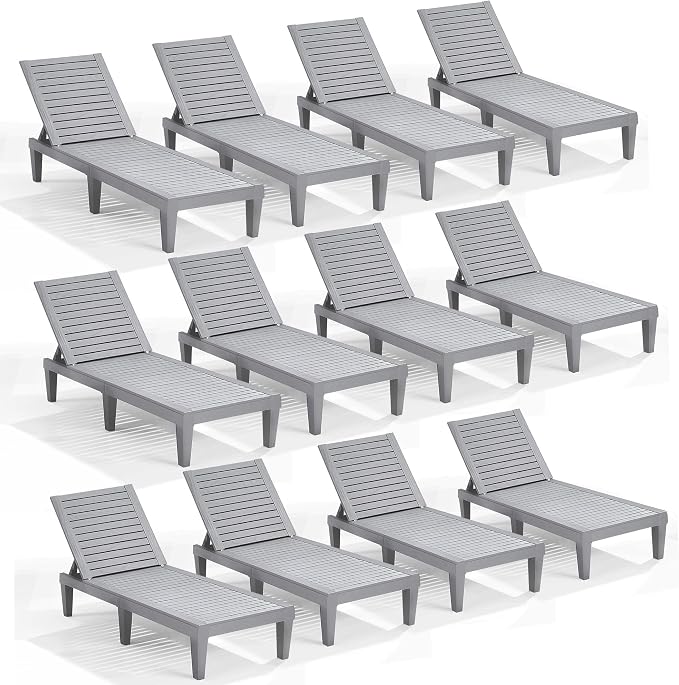Nestl Sun Tanning Chair - Light Grey Chaise Lounge Chair Outdoor, Lightweight Pool Lounge Chairs Set of 12, Adjustable 5-Position Reclining Lawn Chair, Waterproof Beach Outdoor Lounge Chairs
