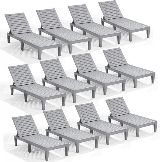 Nestl Sun Tanning Chair - Light Grey Chaise Lounge Chair Outdoor, Lightweight Pool Lounge Chairs Set of 12, Adjustable 5-Position Reclining Lawn Chair, Waterproof Beach Outdoor Lounge Chairs