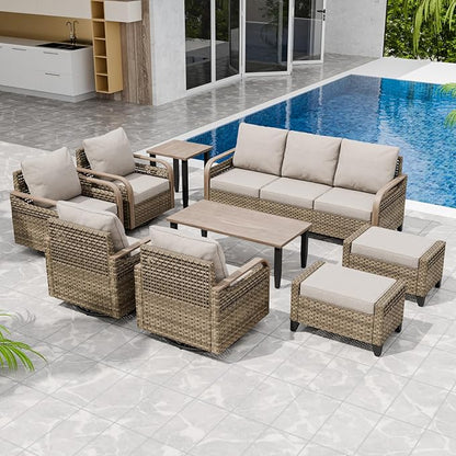 Modern Wicker Patio Furniture Set, Rattan Outdoor Conversation Set, 4 Swivel Rocking Chairs, 3 Seat Couch, 2 Ottomans, Coffee Table and Side Table, 9 Pieces, Brown/Gray