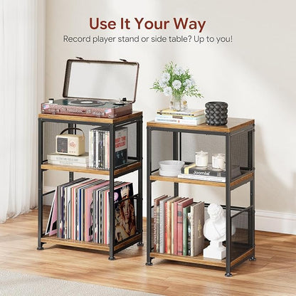 Simple Trending Record Player Stand, Turntable Stand with Vinyl Storage Holds Up to 200 Albums, Large Record Player Table with Adjustable Divider, Rustic Brown