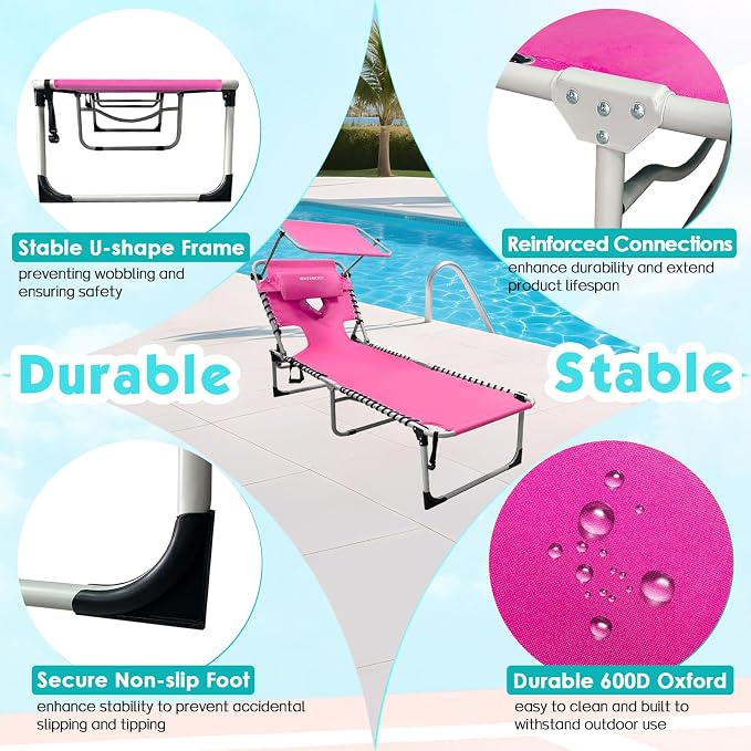 Outdoor Tanning Chair with Sun Canopy Shade & Face Hole, Folding Lounge Chair with Beach Table and Carry Bag for Poolside Sunbathing Lawn