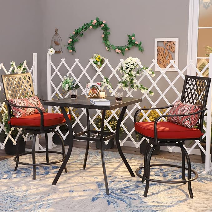 MFSTUDIO 3 PCS Outdoor Patio Bar Sets, 2 Swivel Bar Height Chairs and 1 Metal Bar Table,2 Pack Seat Cushions, Adjust Screw Feet, Black