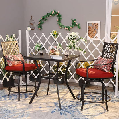 MFSTUDIO 3 PCS Outdoor Patio Bar Sets, 2 Swivel Bar Height Chairs and 1 Metal Bar Table,2 Pack Seat Cushions, Adjust Screw Feet, Black