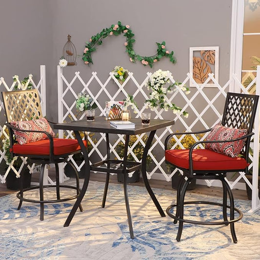 MFSTUDIO 3 PCS Outdoor Patio Bar Sets, 2 Swivel Bar Height Chairs and 1 Metal Bar Table,2 Pack Seat Cushions, Adjust Screw Feet, Black