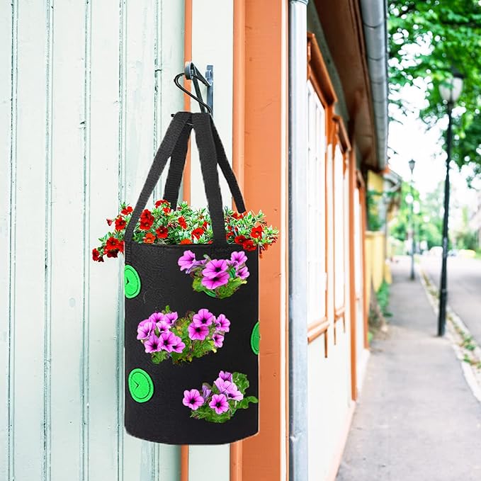 Miewslan 2 Pack Gardens Upside Down Strawberry Planter, Hanging Tomato Strawberry Grow Planter Garden Vegetable Planting Bags with Holes(Black)