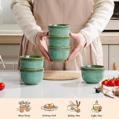 Henten Home 6 oz Ramekins Set Oven Safe, Ceramic Creme Brulee Ramekins Set of 6, Baking Cups for Pudding, Souffle, Ice Cream, Snack, Dipping (Green)