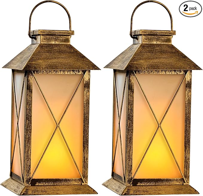 2 Pack Solar Lantern with Flickering Flame Candle, 13" Outdoor Waterproof Solar Lanterns Garden Decorative, Glass Hanging Lantern Metal for Outdoor Patio Yard Tabletop Decoration Mothers Day Gifts Mom