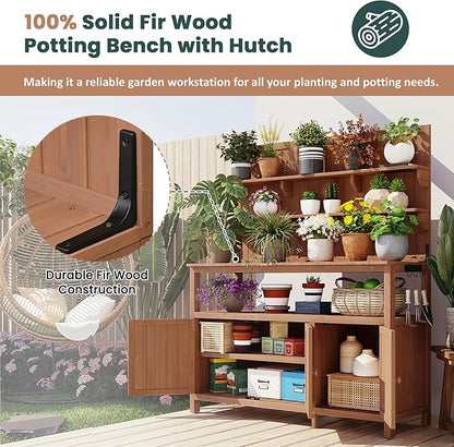 Christopher Knight Home Belfast 50.20" W Outdoor Potting Bench Table, Fir Wood Potting Table, Large Gardening Workstation with Storage Shelf, Ample Space Garden Tools Organizer for Backyard, Natural