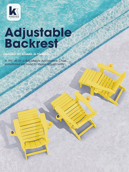 KINGYES Folding Adjustable Adirondack Chair with Ottoman & 2 Cup Holders Set of 4, HDEP Multifunctional Adirondack Chair with Footrest, Yellow