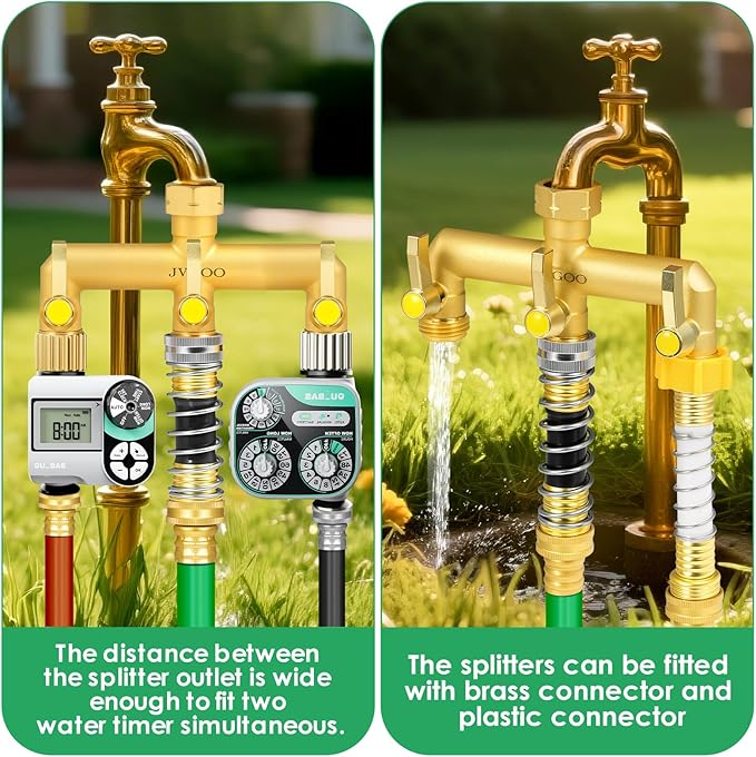 Garden Hose Holder for Outside & Garden Hose Splitter, Upgraded Water Hose Holders with 5 Spikes & 2 Shepherds Hooks, Brass 3 Way Hose Splitter Heavy Duty With Extension Handle