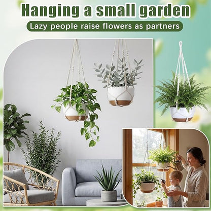 Sliner Set of 4-10 Inch Self Watering Hanging Planters Includes Hanging Pots and Outdoor Hanger Plant Pots with Drainage Holes 2 Types of Hanger Basket Hooks for Patio Garden(White Brown)