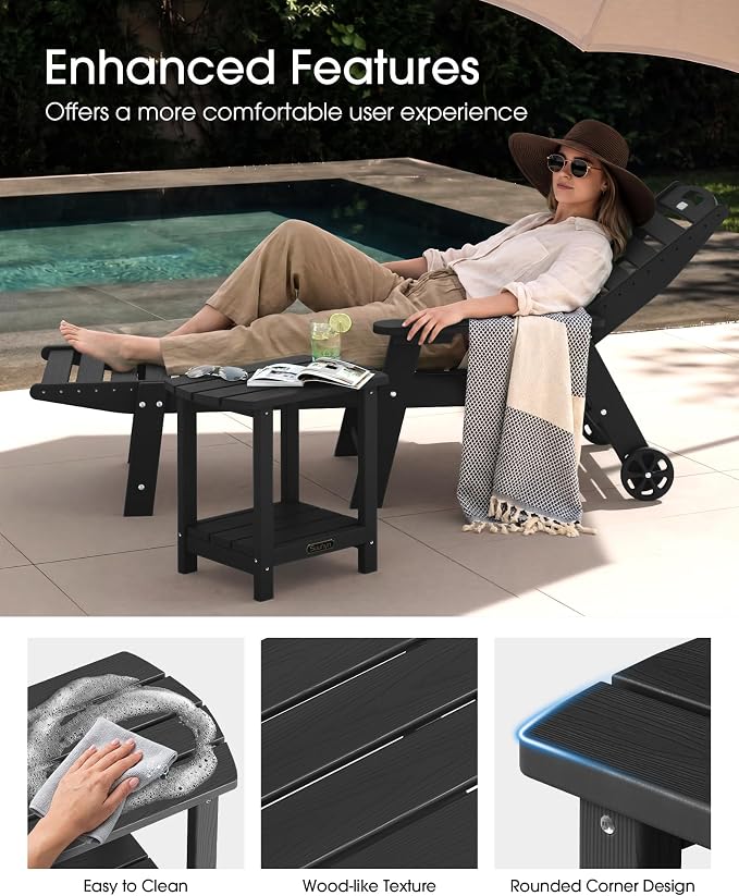 Outdoor Side Table – 2-Tier HDPE Adirondack Side Tables, Sturdy Small Outdoor Porch Tables, Weather-Resistant & Easy Assembly Patio End Table for Garden, Balcony, Porch & Poolside (Black)